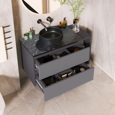 Mueble de baño suspendido 80 cm con lavabo cerámico, 2 cajones, negro y gris OKMYHOME (1/5)