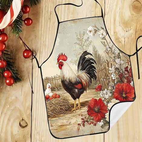1Pc Retro Farm Rooster Wildflower Print Apron  For Kitchen Work & Outdoor Gardening  Christmas Holiday Gift For Rustic Decor Lovers, Kitchen Apron (1/4)