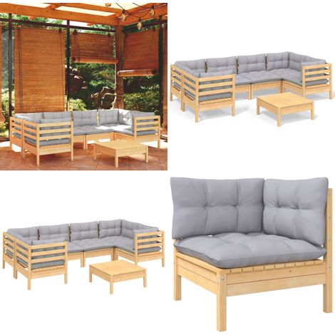 7-tlg. Garten-Lounge-Set mit Grauen Kissen Kiefernholz - Garten Lounge Set - Kiefernholz Möbel - Outdoor Möbel - Loungemöbel - Gartenmöbel - Home & Living (1/5)