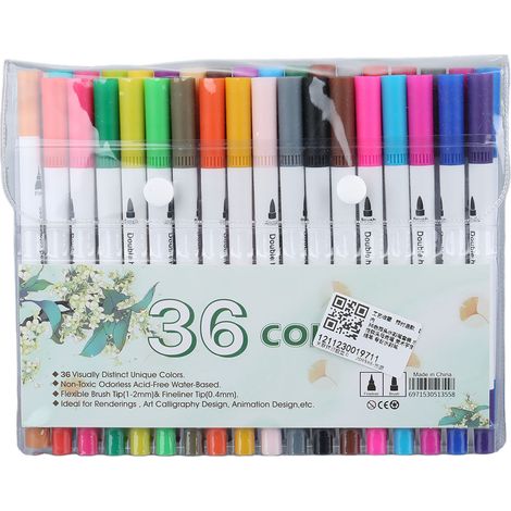 Lot de 36 marqueurs double pointe avec embouts flexibles en fibre, stylos professionnels aquarelle à double pointe. (1/5)