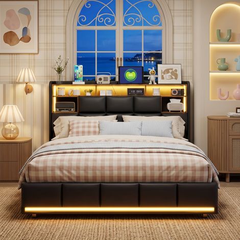 Lit Coffre 140x190cm Noir en Simili Cuir avec LED et USB - lit double avec rangement avec Tête de Lit Rangement Moderne - sommier à lattes (1/5)