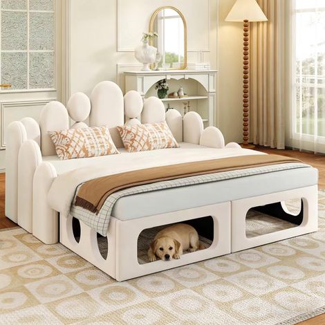 Canapé-lit rembourré avec couchage pour animaux, lit rembourré multifonctionnel 2 en 1 180200cm, lit rembourré en tissu velours doux, sommier à lattes et dossier, beige., garantie 2 ans (1/5)