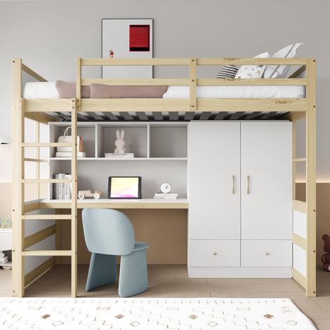 Lit mezzanine 90 x 200 cm avec échelle, bureau avec rangements, armoire et tiroirs, lit enfant, lit junior, lit simple, coloris bois (1/5)