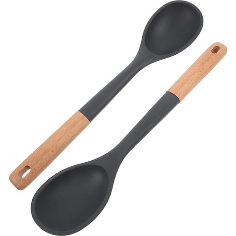 Cuillères de Cuisine en Silicone avec Manche en Bois, 2 Pièces, Résistantes à la Chaleur, Antiadhésives pour Mélanger et Servir, Protègent les Ustensiles de Cuisson, pour Cuisine à Domicile (1/5)