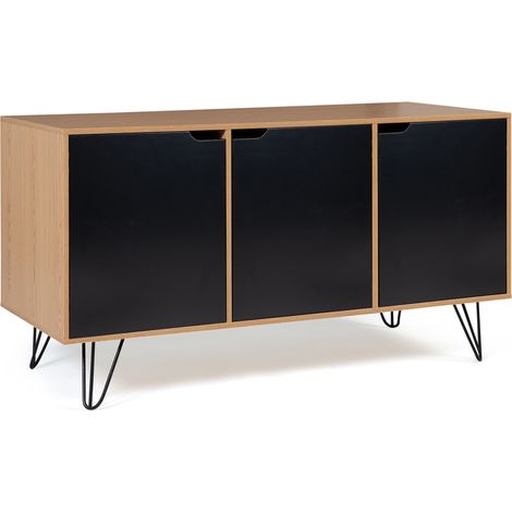 Idmarket – Buffet bas vintage 113 cm – 3 portes en bois – Pieds épingle métal noir – Rangement élégant pour salon ou salle à manger