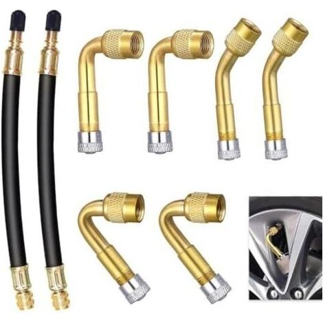 8 Pièces Rallonge Extension Valve Pneu, Pneu Coudées à 45° 90° 135° et 2 Tubes Caoutchouc Flexible 180mm Adaptateurs de en Laiton Caoutchouc, pour Voiture Moto Vélo Camion - (1/5)