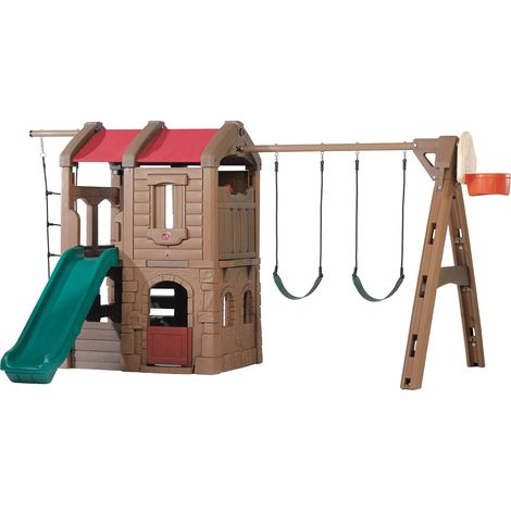 Step2 Naturally Playful Adventure Lodge Aire De Jeux Avec Toboggan / Balançoire / Échelle Corde / Panier De Basketball Xxl Aire De Jeux Enfant En Plastic (1/5)