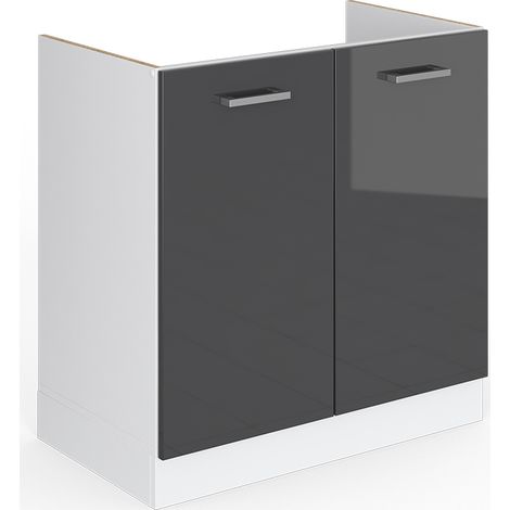 Base per lavello R-Line, Antracite lucido, 80 cm con ante, senza piano di lavoro, Vicco