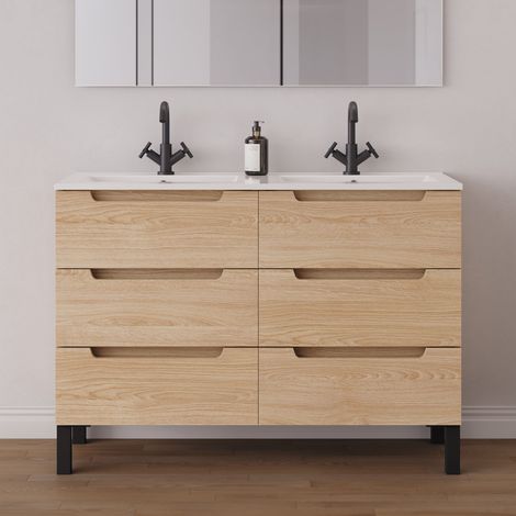 Meuble de salle de bain 120cm double vasque - 6 tiroirs - sans miroir - roble era (chêne clair) - RIZA (1/5)