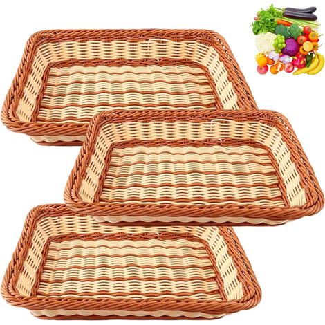 3 Pièces Rangement Tissés en Polyosier, Panier Osier 35 25 7 cm, Rectangulaires en Osier Pain Paniers, Paniers D'affichage de Table, pour Présentation, Cuisine, Restaurant, Extérieur (Bicolore) (1/5)