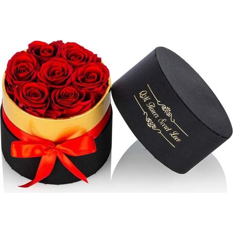Roses Conservées Rouges dans Une Boîte à Fleurs Taille Petit à la Main Vraies Fleurs Pétales Éternels, Cadeaux Romantiques pour Petite Amie, Fête des Mères Anniversaire Mariage Noël-Fei Yu (1/5)