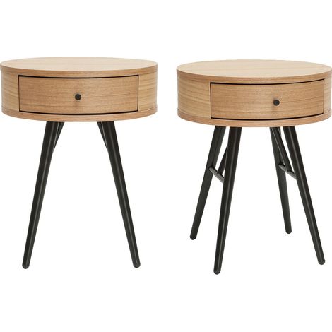 Runde Nachttische mit Schublade aus hellem Holz und schwarzem Metall (2er-Set) KORAL