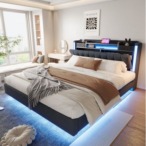 letto matrimoniale 160x200 LED USB contenitore grigio HAVRYA (1/5)