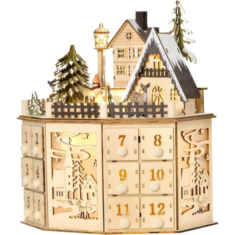 Adventskalender aus Holz, Weihnachtskalender mit Musik, Adventskalender mit 24 Schubladen, beleuchteter Weihnachtskalender (1/5)