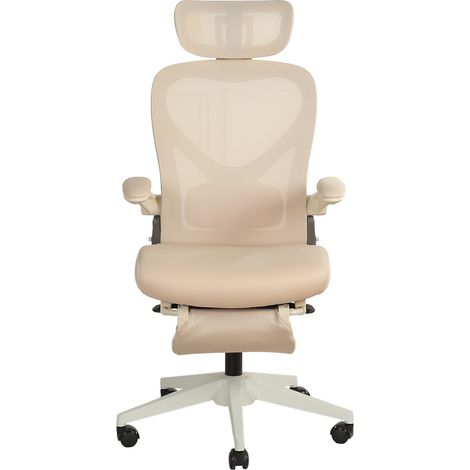 Chaise de bureau pliante ergonomique avec appui-taille réglable et coussin en mousse, accoudoirs rabattables, appui-tête 3D, couleur crème (1/5)