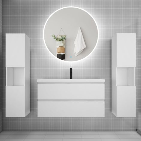 Ensemble meuble vasque L.99cm 2 tiroirs + lavabo + LED miroir rond 100cm + 2colonne,blanc A (1/5)