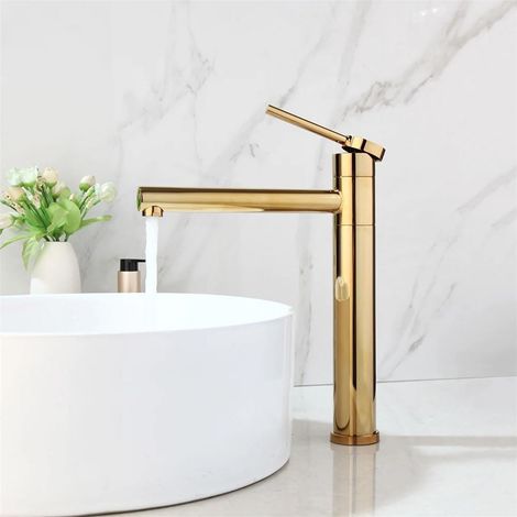 Waschtischarmatur, Waschbecken, schwarz-goldene Armatur, Mischbatterie für Warm- und Kaltwasser, Aufsatzarmatur (1/5)