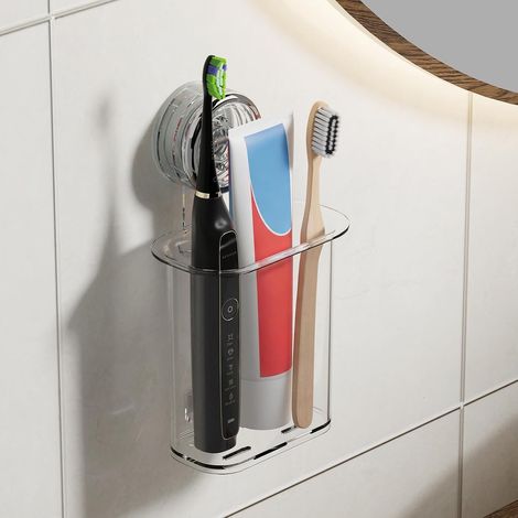 Support Brosse a Dent Ventouse Petit sans Perçage, Transparent Porte Brosses a Dents Electrique, Accroche Brosse a Dent Murale Charge 3KG, Amovible Organisateur a Dent de Salle de Bain (1/5)