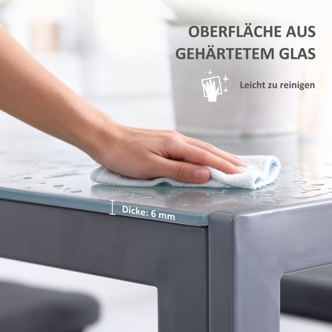Table de repas carrée en verre trempé gris, design compact, plateau transparent robuste, idéale pour cuisine ou salle à manger
