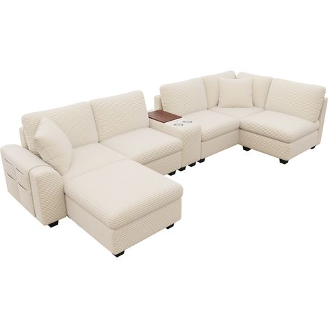 Sofá Esquinero Modular 6 Plazas con Otomana de Almacenaje, Consola Móvil, Portavasos, USB y Type-C, Corduroy Beige 311 x 139 x 85 cm (1/5)
