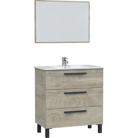 Mueble de baño Alise 3 cajones, espejo y con lavabo cerámico, Color Alaska (1/5)