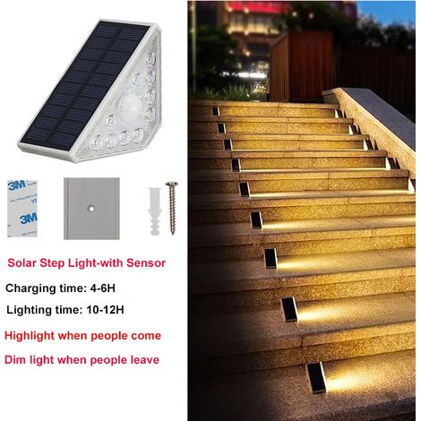 (10 LED avec détecteur) Lampes solaires d'extérieur à détecteur de mouvement pour marches, 550 lm, blanc chaud, étanches IP44, compatibles avec porche, terrasse et patio. (1/5)