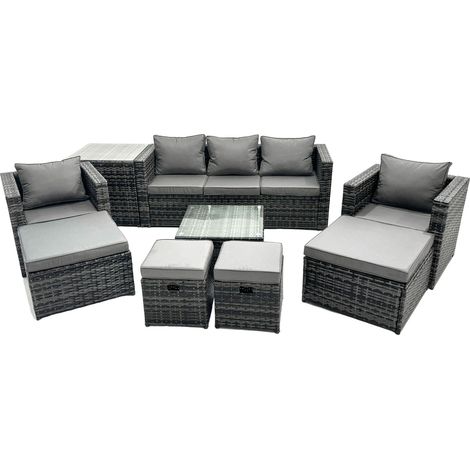 Fimous Outdoor Rattan Garden Furniture Set 9 Seater Patio Lounge Sofa Set with Armchair Square Coffee Table Side Table 4 Footstool Dark Grey Mixed (1/5)