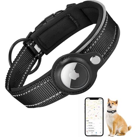 MINKUROW Collare Per Cani Imbottito Per Airtag, Collare Per Cani Riflettente Apple Airtag, Tag Air Incorporato Per Cani Di Taglia Piccola, Media E Grande, [Nero - Taglia L] (1/5)
