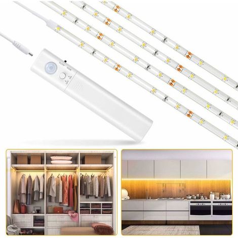Lampe de Placard, 30LED 1M Veilleuse Bande Lumineuse Ruban,Lampe de capteur de mouvement pour placard/armoire/placard escalier/couloir/armoire,Alimentée par Batterie (100cm) (1/5)