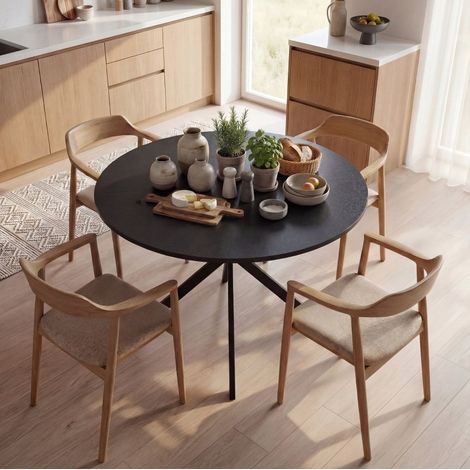 Tavolo da pranzo rotondo in legno, nero, diametro 100 cm, per 4 persone, stile industriale (1/5)