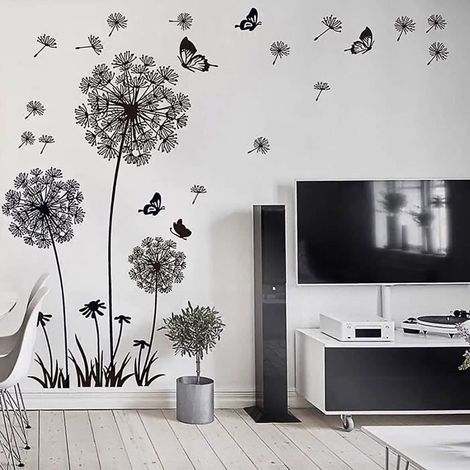Sticker Mural Fleur de Pissenlit Noir (165x130cm) I Papillon Plante Branche Arbre I Sticker Mural Autocollant Salon Chambre Cuisine (1/4)