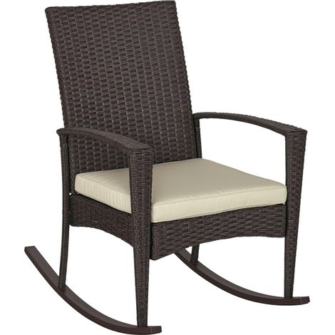 Outsunny PE Rattan Garden Rocking Chair, Outdoor Rocking with Cushion, 160 KG Capacity Wicker Garden Armchair Rocker with Metal Frame for Patio, Porch, Balcony, Brown