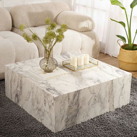 Dmora - Mesa de café Lemina, Mesa de centro baja, Revistero para sofá, Estante de la sala de estar, 90x90 h35 cm, Mármol (1/5)