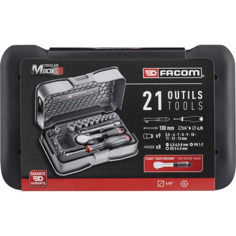 Facom – Coffret cliquet et douilles 1/4" 21 pièces – Douille 6 points – Pour travaux de précision – Matériaux résistants