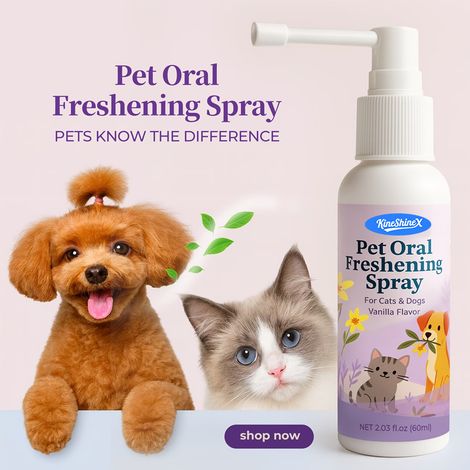 KineShineX Vanilla-Scented Pet Mouth Freshener Spray, a 2-in-1 mouth spray for pets, cleans teeth. (1/4)
