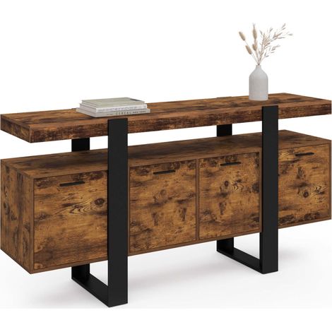 Idmarket – Buffet 160 cm 4 portes bois effet vieilli et noir – Structure massive et pieds larges – Rangement optimisé pour salle à manger