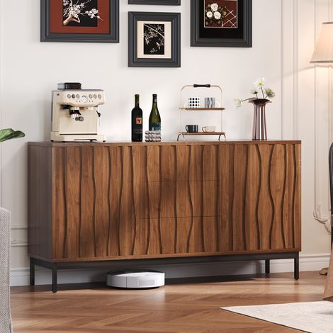 Buffet 150 cm à 3 tiroirs, 2 étagères réglables, design rainuré, bois foncé HAVRYA (1/5)