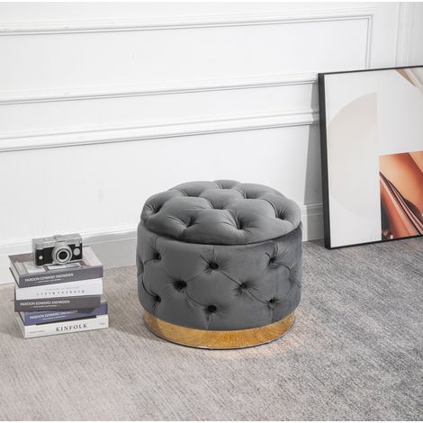 Pouf contenitore vintage rotondo 55 x 55 x 42 cm in velluto, grigio carbone OKMYHOME (1/5)