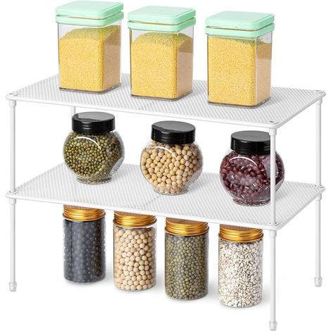 kitchen cupboard organizer, spice rack, stackable shelf, space separation unit, storage rack for kitchen, pantry, cabinet, desk, counter, white (1/5)
