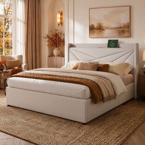 Lit coffre 140x200 avec USB et tête de lit Beige HAVRYA (1/5)