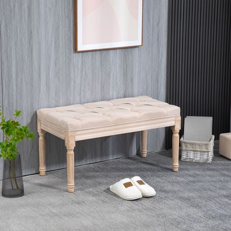 Panca dal design vintage, con bottoni decorativi, gambe tornite, stile shabby chic, color crema. (1/5)