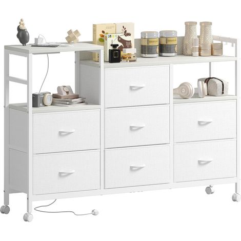 Commode Chambre Blanche, Comodas Chambre avec 2 Ports USB et 2 Ports AC, Commode Entree avec roulettes et 7 Tiroirs en Tissu, pour Couloir, Salon, 132 x 30 x 91 cm, Blanc (1/5)
