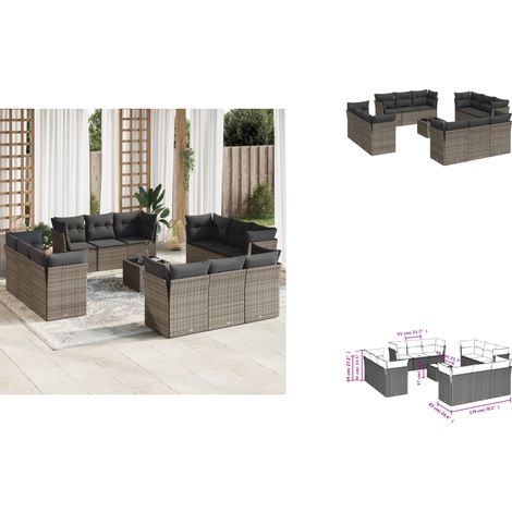 13-tlg. Garten-Sofagarnitur mit Kissen Grau Poly Rattan - Gartenmöbel Set - PE-Rattan Möbel - Outdoor Sofa - Esstisch - Lounge Garnitur (1/3)