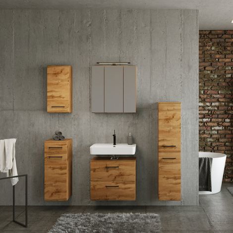 Badezimmermöbel Set in Wotan Eiche Nb. MORISSON-03 mit Spiegelschrank inkl. LED Aufbauleuchte, B/H/T: ca. 180/200/35 cm (1/5)