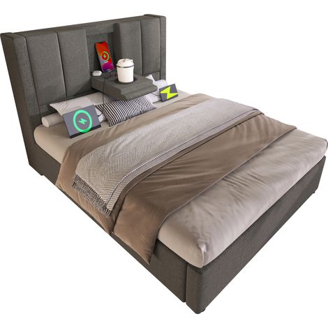 Letto imbottito 90x200 cm con portabicchiere nascosto, stazione di ricarica USB e Type-C, contenitore sotto il letto, rete a doghe, in tessuto grigio - CHICFURN (1/5)