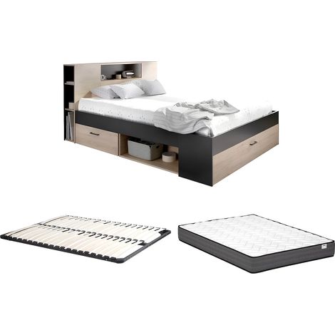 Lit avec tête de lit rangements et tiroirs - 160 x 200 cm - Coloris : Naturel et anthracite + Sommier + Matelas - LEANDRE (1/5)