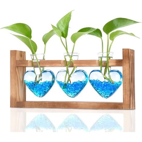 Vase en verre à trois sphères - avec support en bois - convient pour une utilisation sur une table, en hydroponie, dans le jardin ou comme décoration murale.