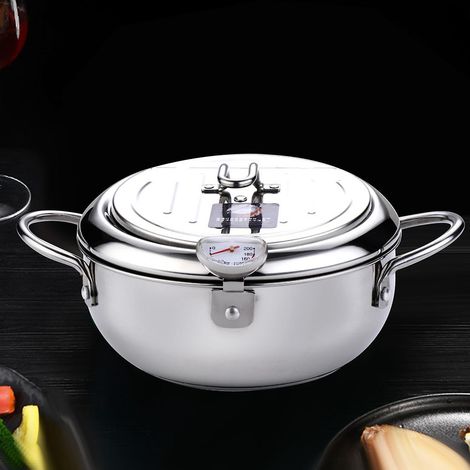 Friteuse japonaise en acier inoxydable avec thermomètre et égouttoir.