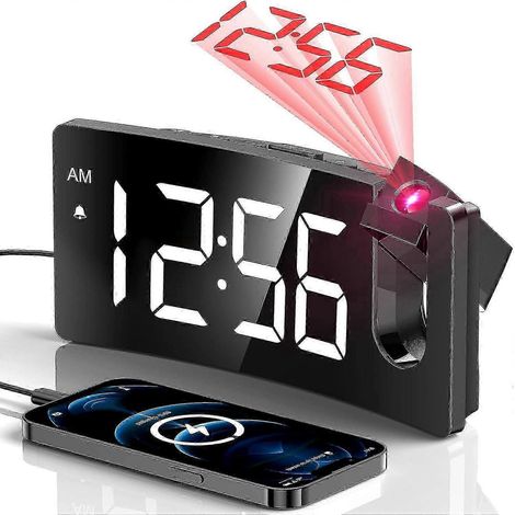 Réveil à projection, horloge numérique avec projecteur rotatif à 180°, réglage de la luminosité sur 3 niveaux, chiffres blancs et projection rouge. (1/5)