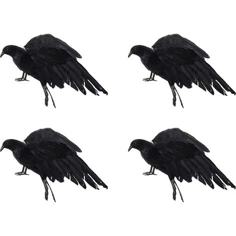 4 accessoires d'Halloween : Grand corbeau en plumes (25x40cm), modèle de jouet de corbeau noir aux ailes déployées, accessoires de spectacle. (1/5)
